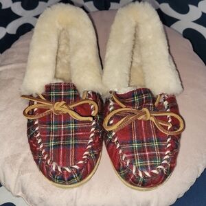 Plaid Moccasin Slippers with Faux Fur Lining